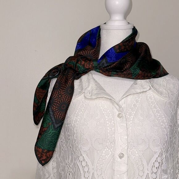 Diane von Furstenberg Burnt Orange Green Blue Vintage Square Silk Scarf - Picture 4 of 7